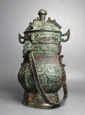 青铜器双凤纹兽耳提梁卣盛酒器