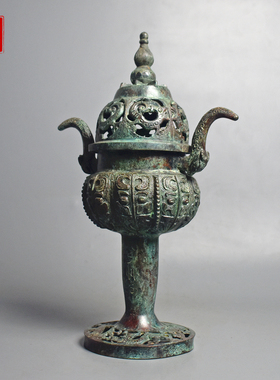 青铜器葫芦镂空博山炉双耳兽面纹