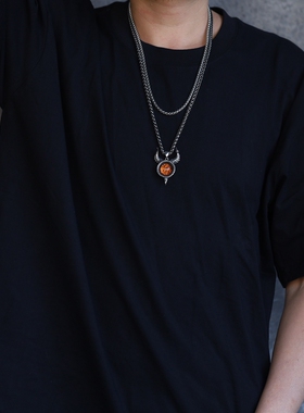 男士项链美式恶魔之眼牛头角裂地鬼高街挂链个性朋克钛钢吊坠潮人