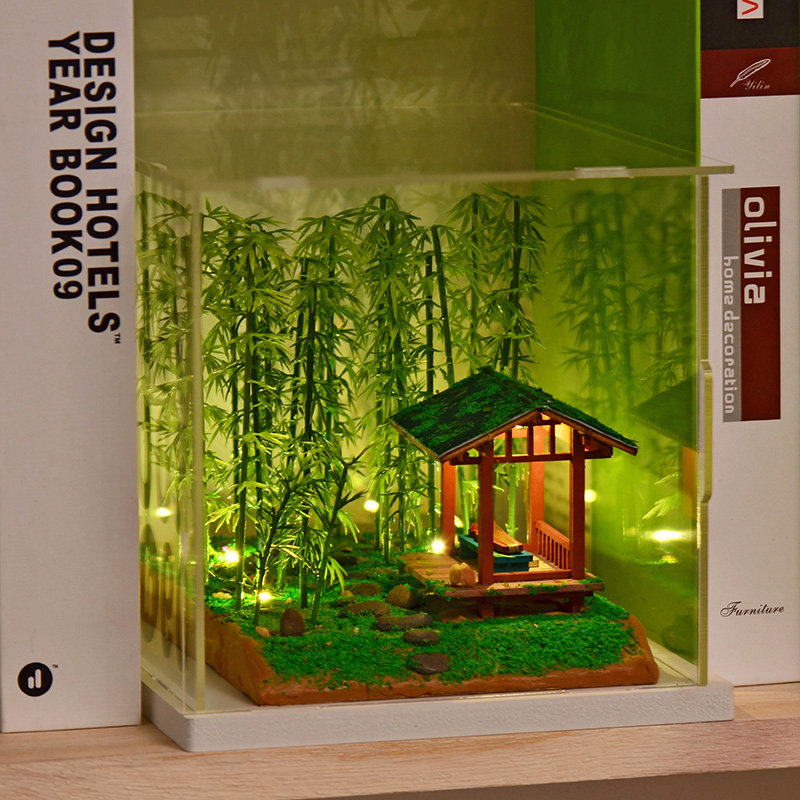 文创中国风小屋竹里馆diy手工制作木亭子竹林场景模型书架摆件