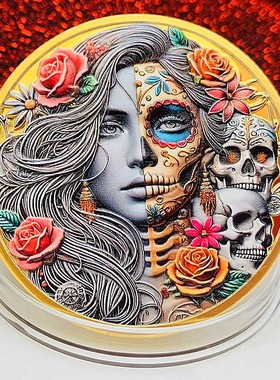 玫瑰花骷髅美少女镀金彩印纪念章装饰摆件钥匙创意幸运币爱情硬币