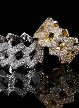 欧美嘻哈微镶锆石14mm菱形古巴戒