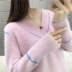 Áo sơ mi nữ mùa xuân và mùa thu 2019 của phụ nữ lỏng lẻo Màu cổ chữ V phù hợp với set đồ của phụ nữ áo len cashmere như áo len - Cardigan