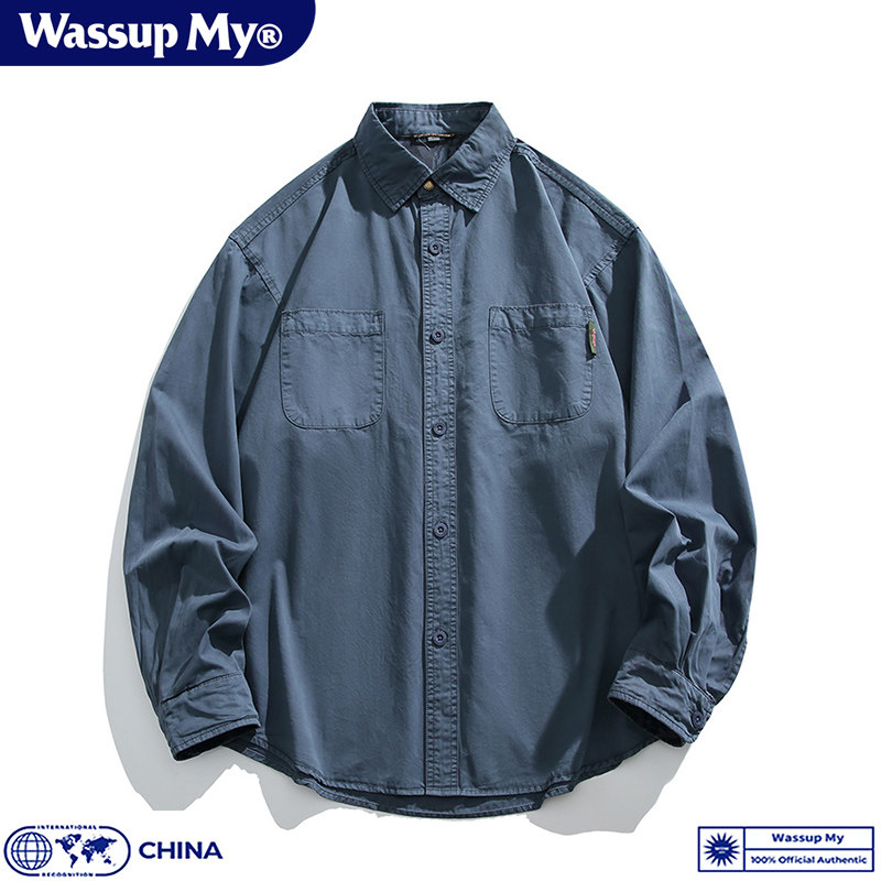 Wassup Shark秋季新款纯色工装长袖衬衫男女情侣纯棉宽松衬衣外套
