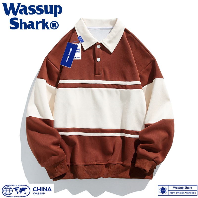 Wassup Shark美式复古翻领卫衣男秋季宽松polo衫男女情侣学生上衣