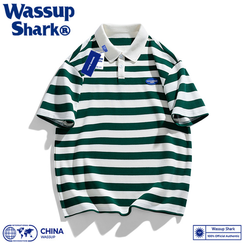 WassupShark日系条纹POLO衫短袖T恤男夏珠地棉透气宽松休闲翻领