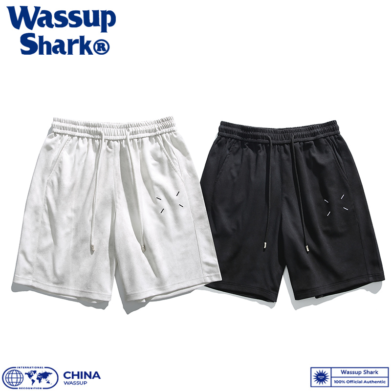 Wassup Shark夏季潮牌刺绣短裤男美式重磅宽松休闲运动五分裤脏脏 - 图1