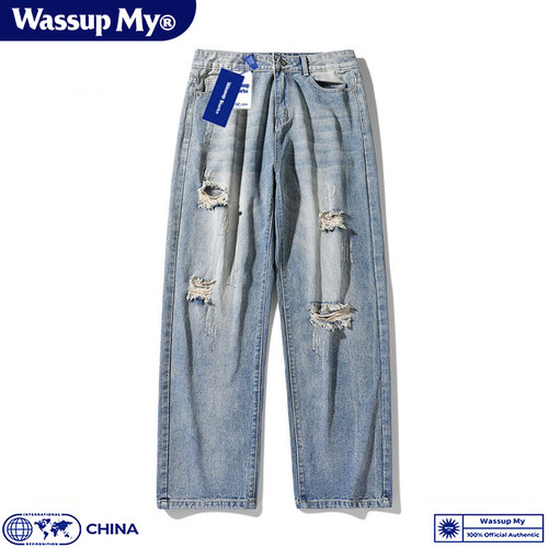 Wassup My美式破洞牛仔裤男士夏季宽松直筒阔腿高街休闲长裤子潮 - 图0