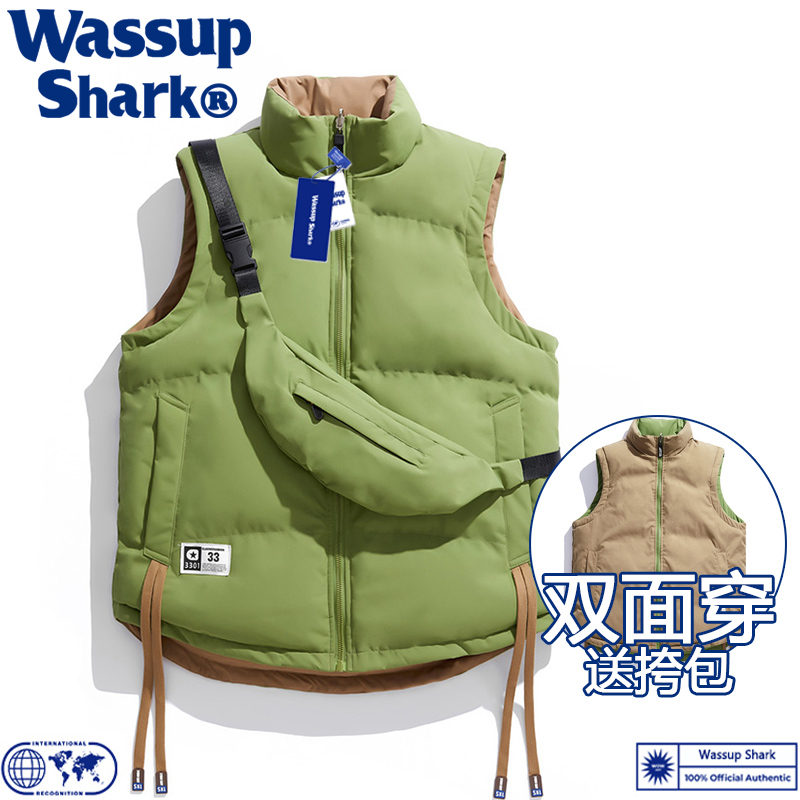 Wassup Shark潮牌双面穿马甲男女情侣秋冬季加厚保暖羽绒棉服无袖-图1