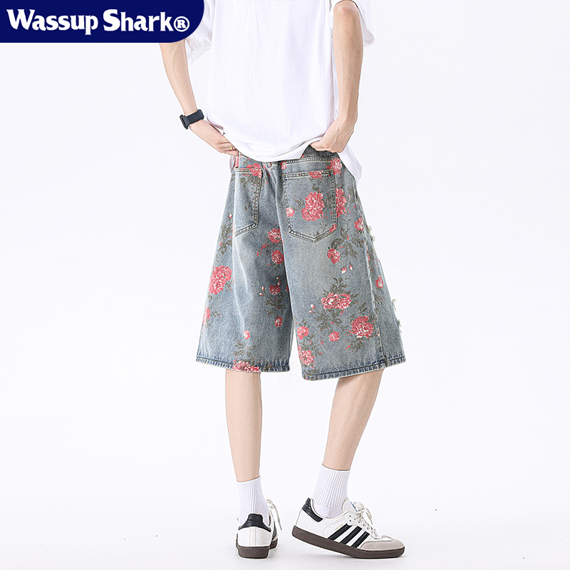 Wassup Shark美式高街花卉破洞牛仔短裤男夏季潮流玫瑰满印五分裤 - 图2