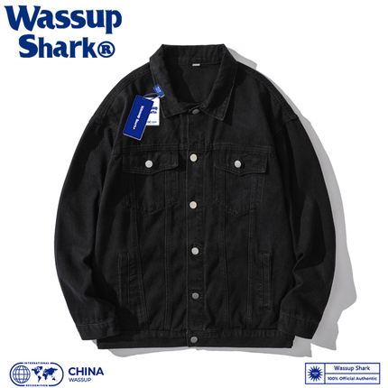 Wassup Shark美式牛仔外套男春秋季复古工装休闲夹克百搭翻领上衣