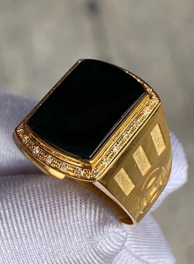 凝墨为翠家18k黄金重金镶嵌竖镶马鞍男戒黑度油黑油亮戒指
