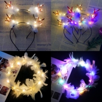 New Feather Deer Antlers Luminous Flower Ring Hair Stirrup Pushback Small Gift Christmas Shine Feather Rabbit Ears Manufacturer Direct