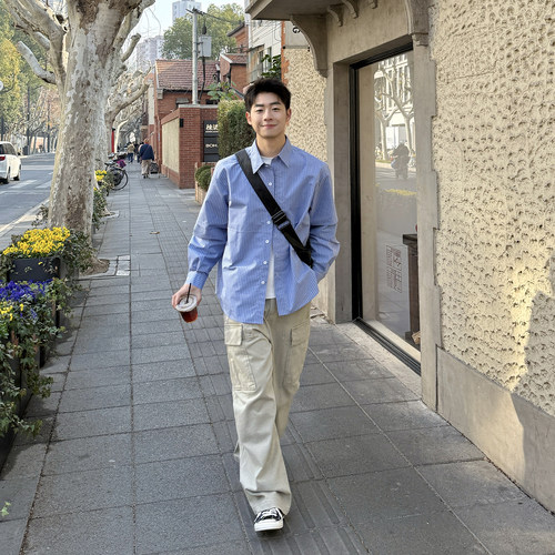 【双袖假两件】春季蓝色条纹长袖衬衫男生工装风休闲衬衣外套新款 - 图2
