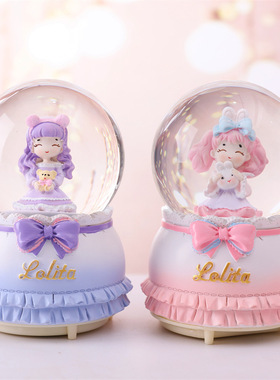 ins卡通系蝴蝶结女孩水晶球音乐盒八音盒飘雪旋转儿童生日礼物女