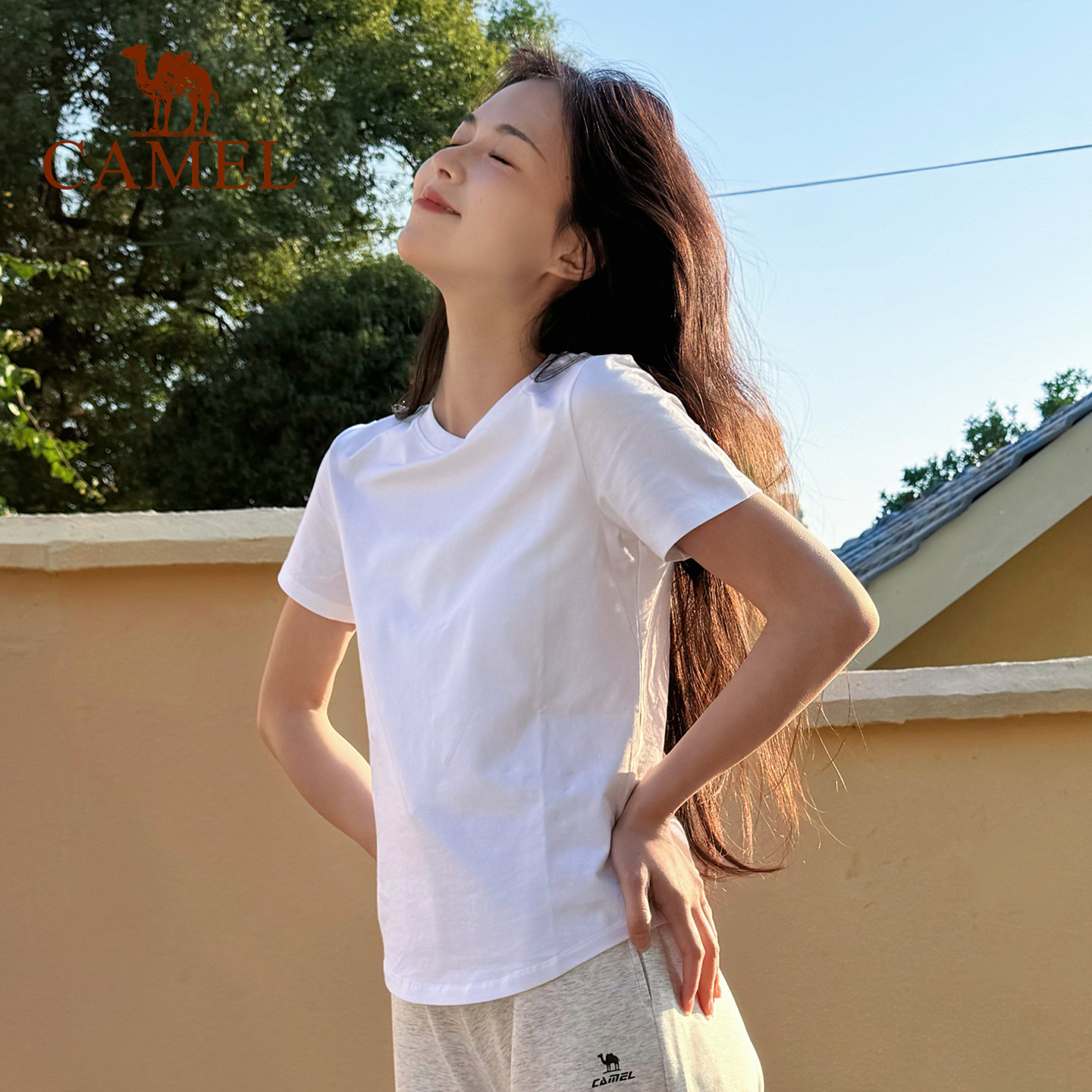 骆驼短袖T恤女正肩T神纯色半袖体恤冰感短款打底弹力修身显瘦上衣