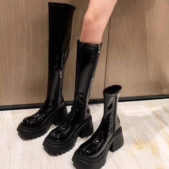 女弹力靴过膝靴漆皮高筒骑士靴women high heel boots long boots - 图0