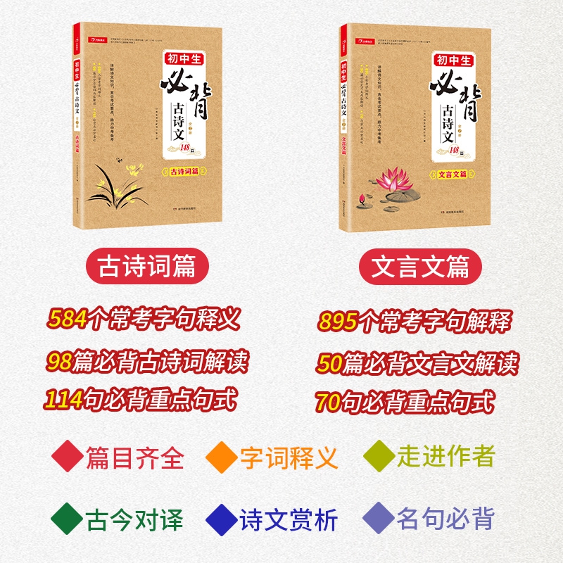【旗舰店正版】初中生必背古诗文148篇上下全2册人教版 语文教材初中文言文全解阅读训练中学生 古诗词全集七八九年级课外书132篇 - 图0