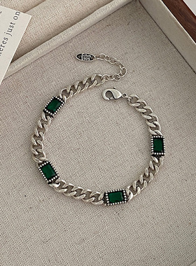 925纯银绿色锆石坦克链条手链女