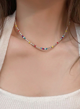 925纯银彩色串珠碎银子叠戴项链