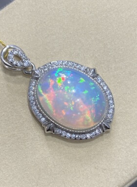 天然欧泊吊坠项链彩欧泊吊坠s925银项链炫彩蛋白石锁骨项链毛衣链