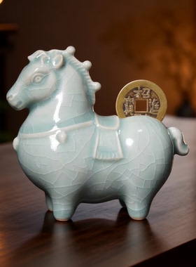 中式汝窑开片马上有钱茶宠招财