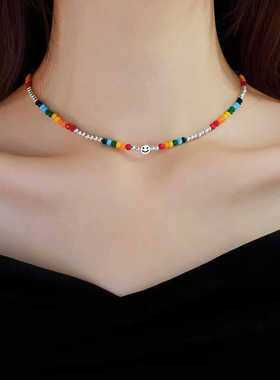 叠带个性朝彩色笑脸项链S925纯银