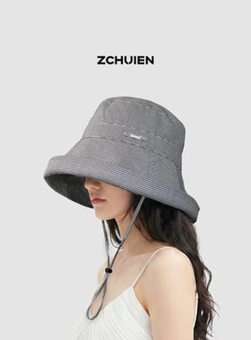 ZCHUIEN羊毛混纺千鸟格渔夫帽女防晒遮阳帽时尚百搭帽子金属LOGO