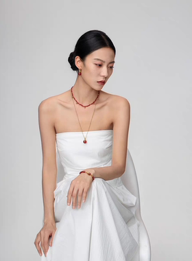 盐岛平安如意红玛瑙圆珠挂坠长项链毛衣链叠戴红色高级感本命年女