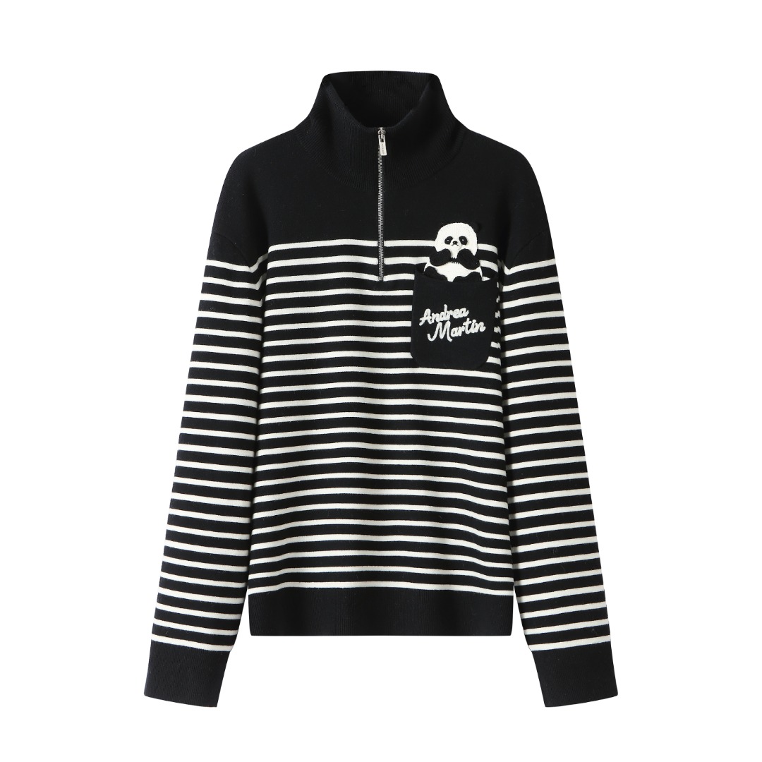 Andrea Martin 25秋冬新品黑白套头熊猫钩织针织衫黑白条纹半拉链 - 图3