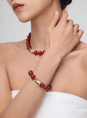 盐岛紫竹红玛瑙配饰大珠choker红色串珠项链手链耳环戒指轻奢百搭
