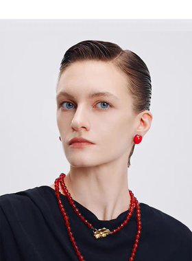 daartemis达弥五花瓣雕刻梅花红玛瑙长项链女红色叠戴串珠项链