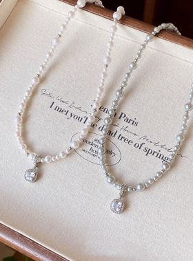 纯银方糖项链气泡灰珍珠