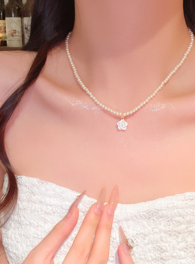 气质闪锆波浪珍珠吊坠锁骨链高级