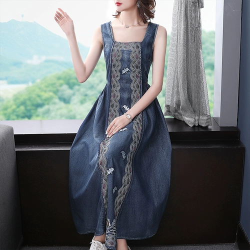 isaly Летний жилет без рукавов, ретро длинная юбка, джинсовое длинное платье, квадратный вырез, по фигуре, с вышивкой