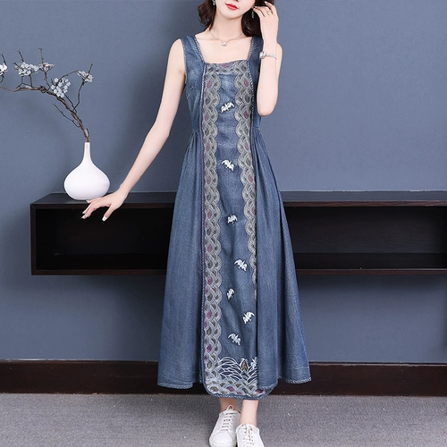 isaly Летний жилет без рукавов, ретро длинная юбка, джинсовое длинное платье, квадратный вырез, по фигуре, с вышивкой