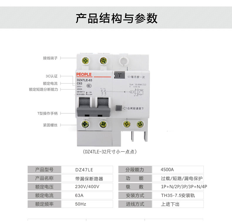 高档人民电器漏电保护器家用断路器2P漏保开关63a空开40a电闸带漏