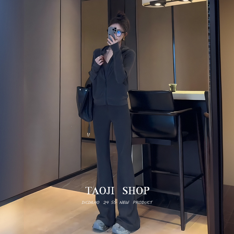连帽卫衣外套高腰显瘦微喇长裤运动两件套女春秋chic穿搭一整套装 - 图0
