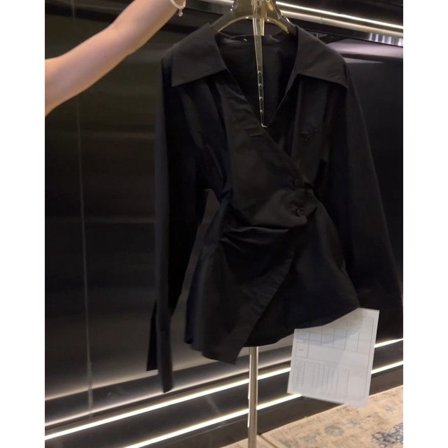 Black irregular waist long sleeve shirt for women