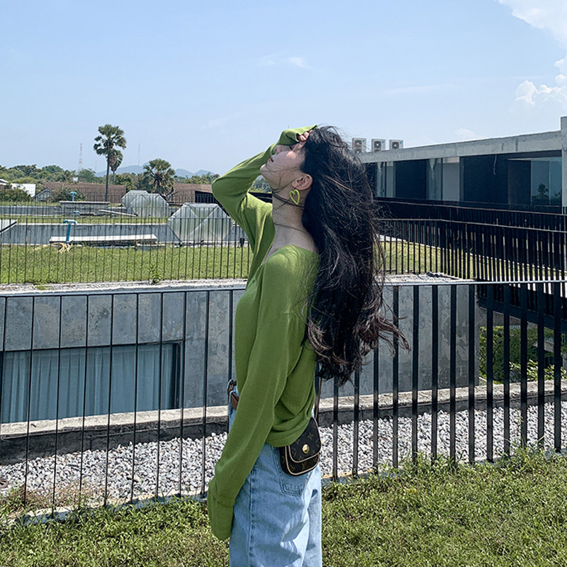 牛油果绿长袖外搭开衫女防晒衫冰丝春秋外套v领短款针织薄款上衣,淘宝优惠券,粉丝福利购,淘宝优惠卷