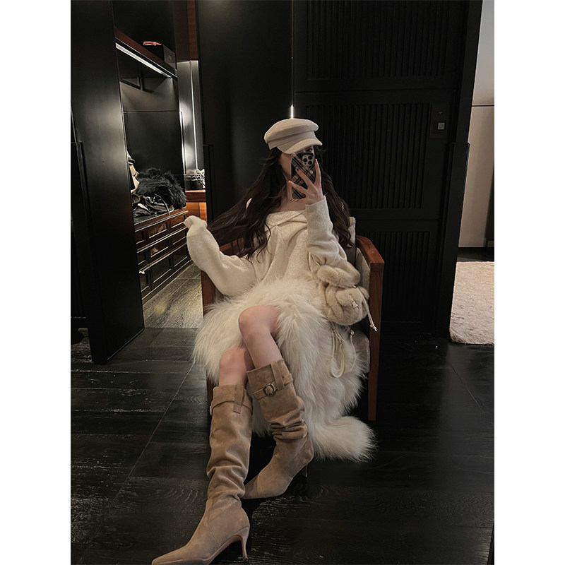 IN MIMIFACE 尖头长筒褶皱堆堆靴皮带扣绒面骑士靴新款细跟高跟鞋,淘宝优惠券,粉丝福利购,淘宝优惠卷