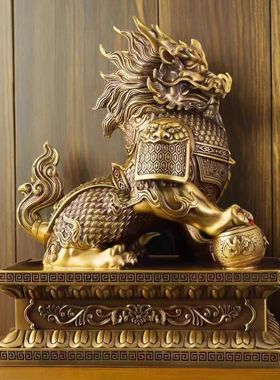 纯黄铜麒麟公母一对摆件聚财纳福麒麟客厅玄关家居办公桌面