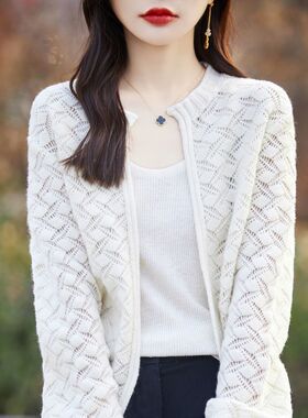 圆领菱形扭花100%纯羊毛开衫女镂空提花长袖外套宽松MT8183