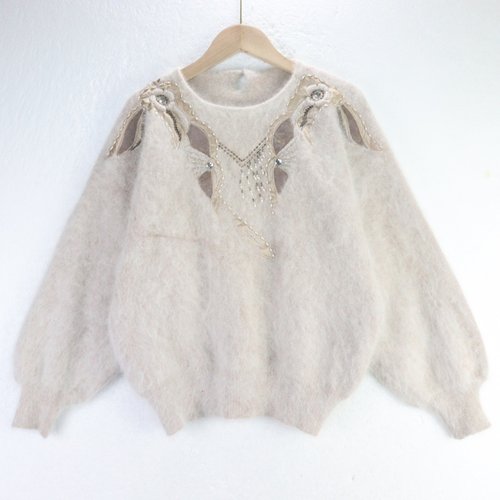 古着vintage孤品安哥拉兔毛文艺学院风软妹钩花钉珠少女毛衣B97 - 图2