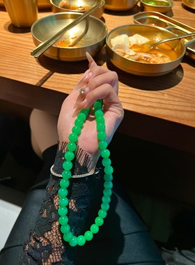 天然翡翠绀青圆珠大颗粒项链阳绿色果绿锁骨链新中式国风毛衣链女
