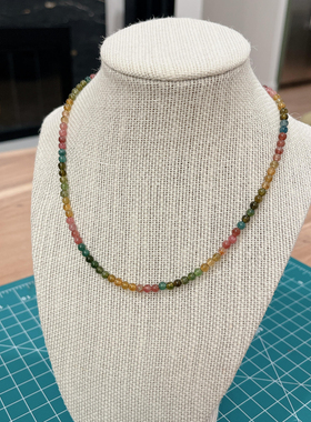 天然彩虹碧玺小米珠宝石ot扣锁骨链颈链民族风国潮水晶项链女款