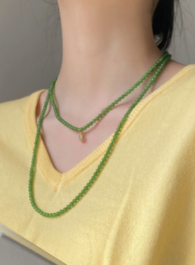 天然俄罗斯碧玉小米珠长款毛衣链和田玉苹果绿项链叠戴款新中式女