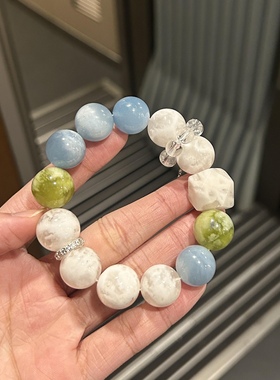 天然水晶雪花幽灵白幽灵岫玉奶盖原创手串海蓝宝多宝手链女款