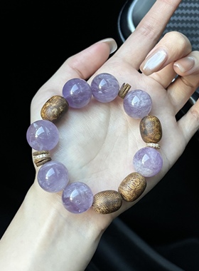 天然薰衣草紫水晶大颗粒单圈手串搭配奇楠沉香随形手链原创国风女