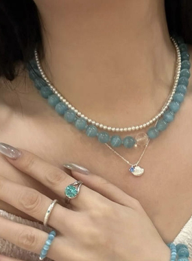 轻奢时尚蓝色猫眼石圆珠锁骨链白水晶项链新中式国潮原创女款颈链